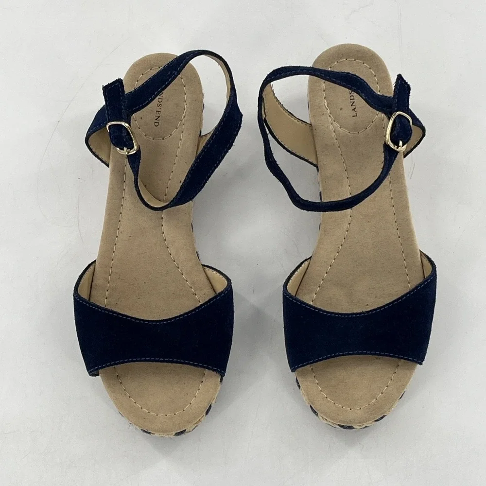 Lands End Espadrille Sandal Womens 7 Wedge Slingback Open Toe Blue Suede Chevron